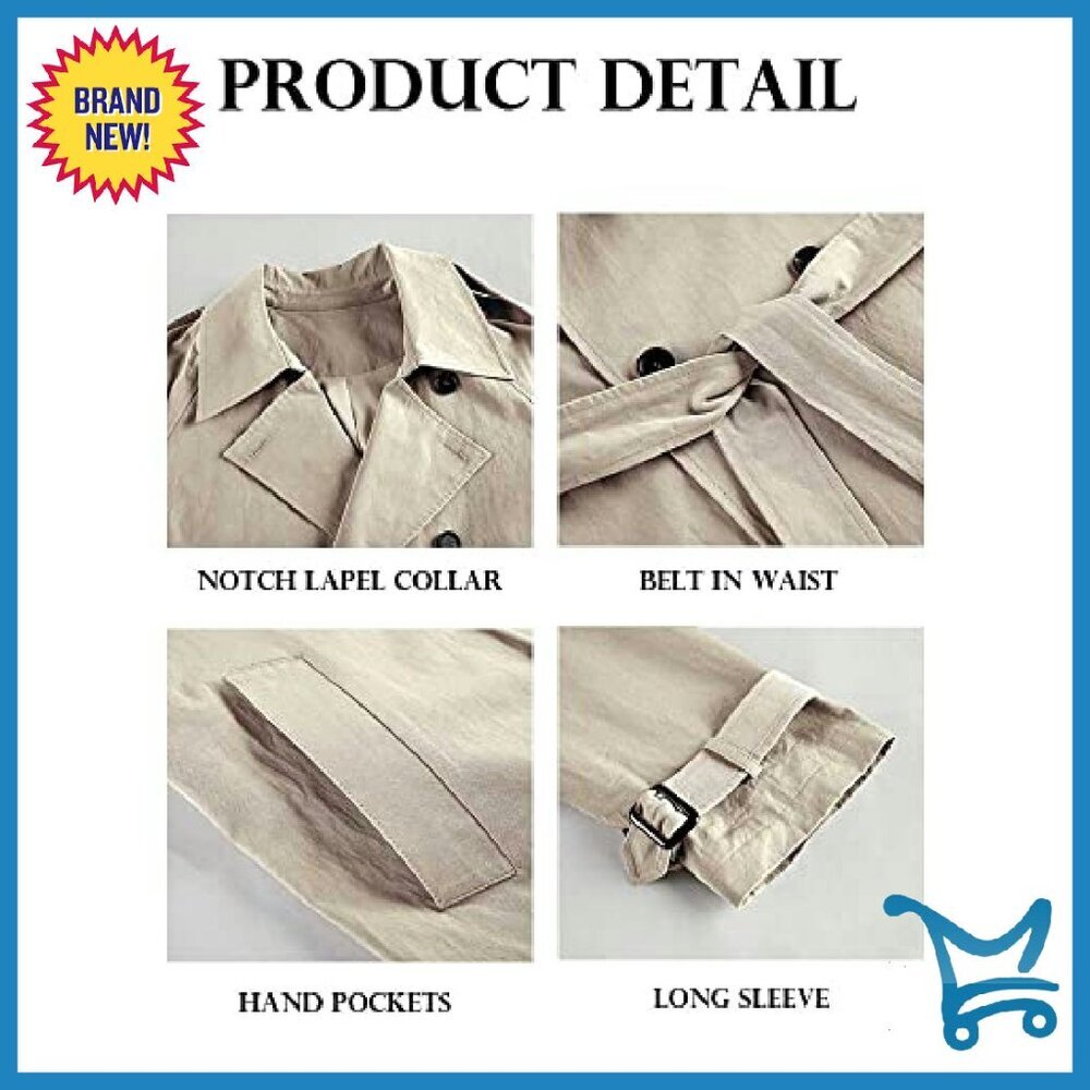 Women's Slim Fit Trench Coat Double Breasted Long Windproof Belted - Picture 7 of 8
